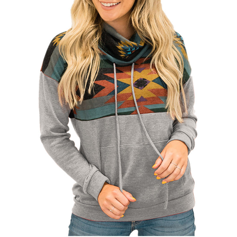 Loose Printed High Neck Hooded Sweater Women