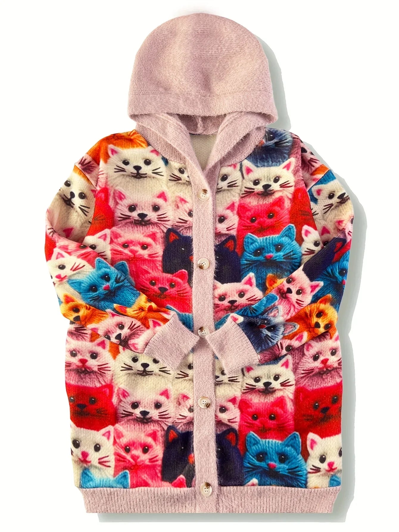 Cat print oversized casual hooded cape coat