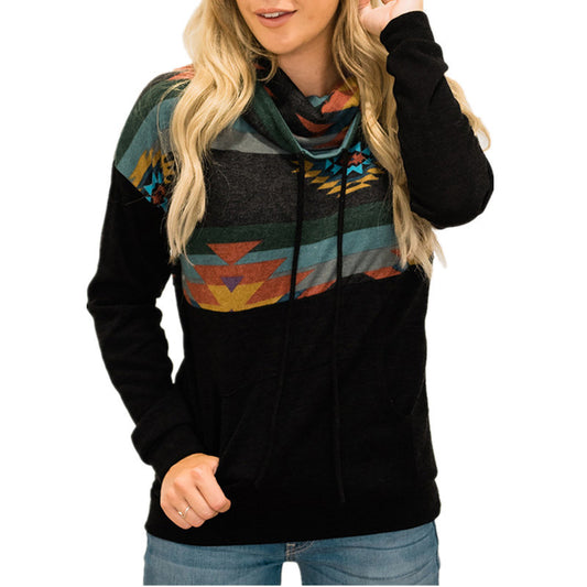 Loose Printed High Neck Hooded Sweater Women