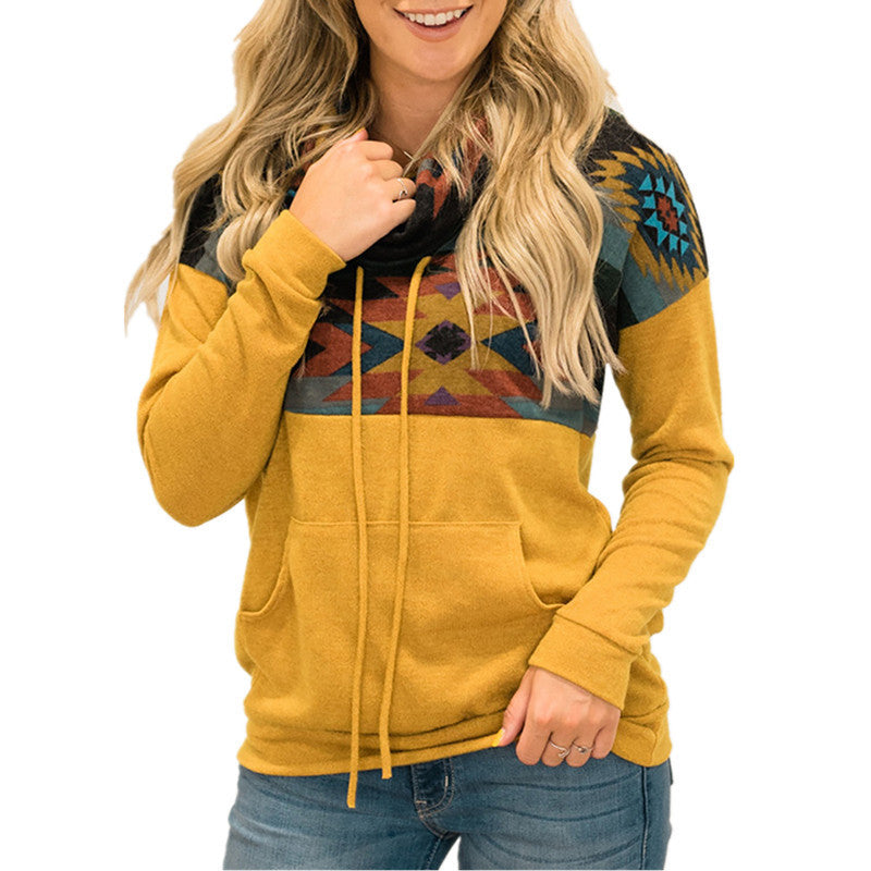 Loose Printed High Neck Hooded Sweater Women