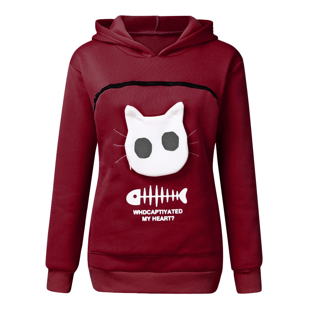 Women Hoodie Sweatshirt With Cat Pet Pocket Design