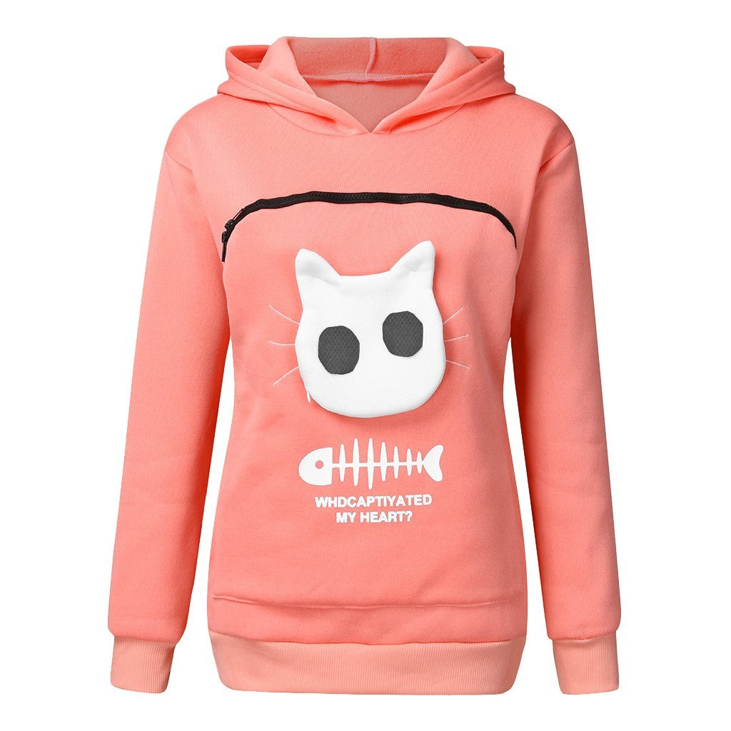 Women Hoodie Sweatshirt With Cat Pet Pocket Design