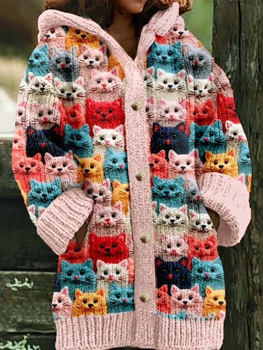 Cat print oversized casual hooded cape coat