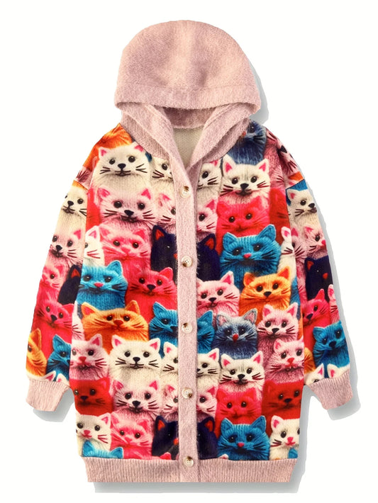 Cat print oversized casual hooded cape coat