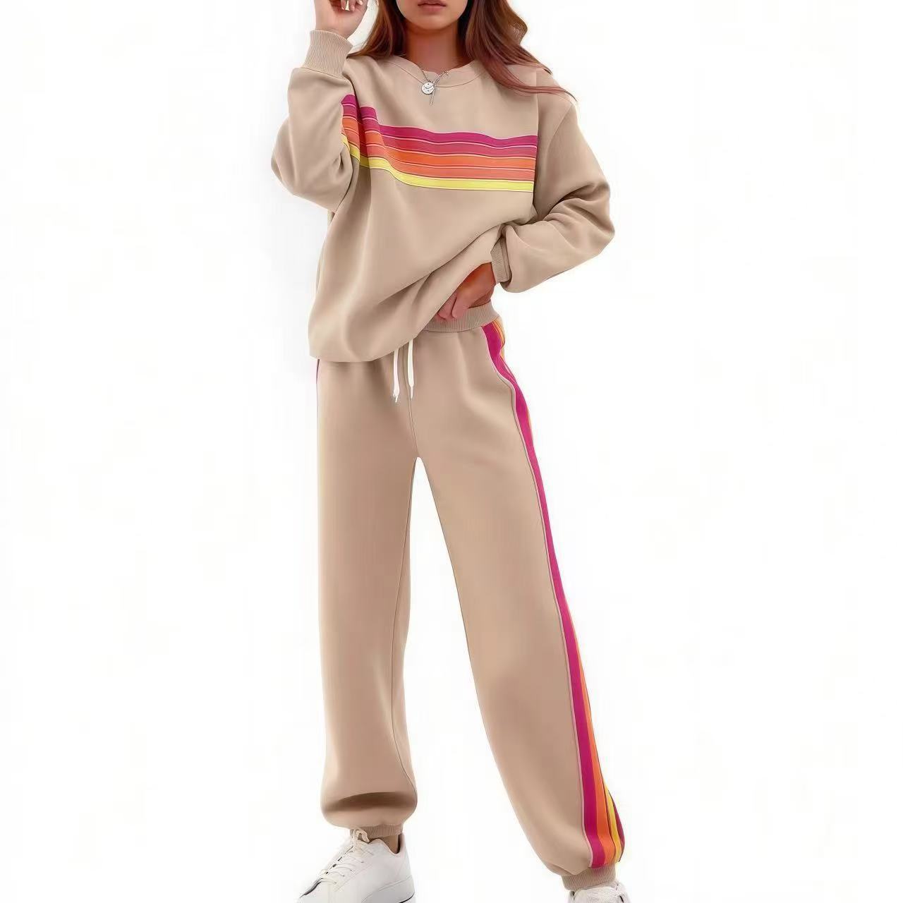Round Neck Loose Color Stripes Suit