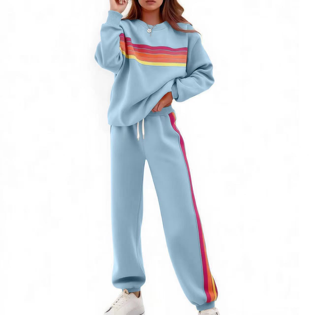 Round Neck Loose Color Stripes Suit